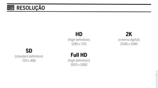 RESOLUÇÃO



                             HD                  2K
                        (high definition)   (cinema digital)
                           1280 x 720         2048 x 1080

        SD
(standard definition)     Full HD
     720 x 486          (high definition)
                          1920 x 1080
 