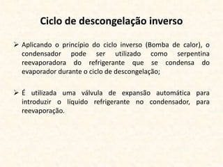 Ciclo de descongelação inverso
 Aplicando o princípio do ciclo inverso (Bomba de calor), o
condensador pode ser utilizado como serpentina
reevaporadora do refrigerante que se condensa do
evaporador durante o ciclo de descongelação;
 É utilizada uma válvula de expansão automática para
introduzir o líquido refrigerante no condensador, para
reevaporação.
 