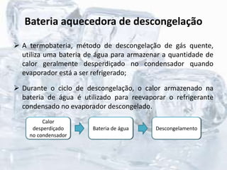 Bateria aquecedora de descongelação
 A termobateria, método de descongelação de gás quente,
utiliza uma bateria de água para armazenar a quantidade de
calor geralmente desperdiçado no condensador quando
evaporador está a ser refrigerado;
 Durante o ciclo de descongelação, o calor armazenado na
bateria de água é utilizado para reevaporar o refrigerante
condensado no evaporador descongelado.
Calor
desperdiçado
no condensador
Bateria de água Descongelamento
 