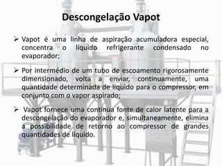 Descongelação Vapot
 Vapot é uma linha de aspiração acumuladora especial,
concentra o líquido refrigerante condensado no
evaporador;
 Por intermédio de um tubo de escoamento rigorosamente
dimensionado, volta a enviar, continuamente, uma
quantidade determinada de líquido para o compressor, em
conjunto com o vapor aspirado;
 Vapot fornece uma contínua fonte de calor latente para a
descongelação do evaporador e, simultaneamente, elimina
a possibilidade de retorno ao compressor de grandes
quantidades de líquido.
 