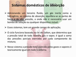Sistemas domésticos de absorção
 Adicionando um terceiro fluido, um gás inerte como o
hidrogênio, ao sistema de absorção, equilibra-se as partes de
baixa e de alta pressão, a onde não é necessário usar um
bomba de solução ou qualquer dispositivo móvel;
 Esses sistemas, tem um grande campo de aplicação;
 O ciclo funciona baseado na lei de Dalton, que determina que
a pressão total de toda mistura, gás e vapor, é igual a soma
das pressões parciais exercidas por cada componente da
mistura;
 Nesse sistema a pressão total exercida pelos gases e vapores é
teoricamente igual em todo o sistema.
 