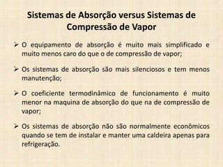 Sistemas de Absorção versus Sistemas de
Compressão de Vapor
 O equipamento de absorção é muito mais simplificado e
muito menos caro do que o de compressão de vapor;
 Os sistemas de absorção são mais silenciosos e tem menos
manutenção;
 O coeficiente termodinâmico de funcionamento é muito
menor na maquina de absorção do que na de compressão de
vapor;
 Os sistemas de absorção não são normalmente econômicos
quando se tem de instalar e manter uma caldeira apenas para
refrigeração.
 