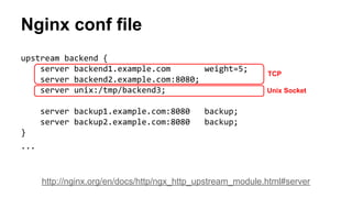 Nginx conf file
upstream backend {
server backend1.example.com weight=5;
server backend2.example.com:8080;
server unix:/tmp/backend3;
server backup1.example.com:8080 backup;
server backup2.example.com:8080 backup;
}
...
http://nginx.org/en/docs/http/ngx_http_upstream_module.html#server
TCP
Unix Socket
 