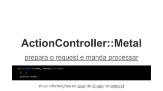 ActionController::Metal
prepara o request e manda processar
mais informações no post do timaro no omniref
def dispatch(name, request) #:nodoc:
[...]
process(name)
 