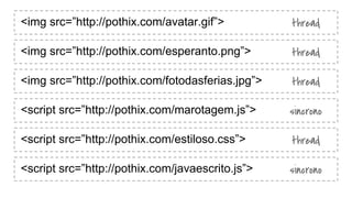 <img src=”http://pothix.com/avatar.gif”> thread
<img src=”http://pothix.com/esperanto.png”> thread
<img src=”http://pothix.com/fotodasferias.scr”> thread
<script src=”http://pothix.com/marotagem.js”> sincrono
<script src=”http://pothix.com/estiloso.css”> thread
<script src=”http://pothix.com/javaescrito.js”> sincrono
<img src=”http://pothix.com/fotodasferias.jpg”>
 
