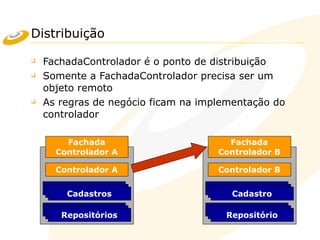 Distribuição
❑ FachadaControlador é o ponto de distribuição
❑ Somente a FachadaControlador precisa ser um
objeto remoto
❑ As regras de negócio ficam na implementação do
controlador
Controlador B
Cadastro
Fachada
Controlador B
Repositório
Cadastro
Repositório
Cadastro
Repositório
Controlador A
Cadastro
Fachada
Controlador A
Repositório
Cadastro
Repositório
Cadastros
Repositórios
 