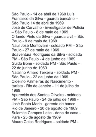 São Paulo - 14 de abril de 1969 Luís
Francisco da Silva - guarda bancário –
São Paulo 14 de abril de 1969
José de Carvalho - investigador de Polícia
– São Paulo - 8 de maio de 1969
Orlando Pinto da Silva - guarda civil – São
Paulo - 9 de maio de 1969
Naul José Montovani - soldado PM – São
Paulo - 27 de maio de 1969
Boaventura Rodrigues da Silva - soldado
PM - São Paulo - 4 de junho de 1969
Guido Boné - soldado PM - São Paulo -
22 de junho de 1969
Natalino Amaro Teixeira - soldado PM -
São Paulo - 22 de junho de 1969
Cidelino Palmeiras do Nascimento -
taxista - Rio de Janeiro - 11 de julho de
1969
Aparecido dos Santos Oliveira - soldado
PM - São Paulo - 24 de julho de 1969 -
José Santa Maria - gerente de banco -
Rio de Janeiro - 20 de agosto de 1969
Sulamita Campos Leite - dona de casa -
Pará - 25 de agosto de 1969
Mauro Celso Rodrigues - soldado PM -
 