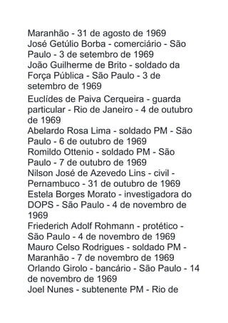 Maranhão - 31 de agosto de 1969
José Getúlio Borba - comerciário - São
Paulo - 3 de setembro de 1969
João Guilherme de Brito - soldado da
Força Pública - São Paulo - 3 de
setembro de 1969
Euclídes de Paiva Cerqueira - guarda
particular - Rio de Janeiro - 4 de outubro
de 1969
Abelardo Rosa Lima - soldado PM - São
Paulo - 6 de outubro de 1969
Romildo Ottenio - soldado PM - São
Paulo - 7 de outubro de 1969
Nilson José de Azevedo Lins - civil -
Pernambuco - 31 de outubro de 1969
Estela Borges Morato - investigadora do
DOPS - São Paulo - 4 de novembro de
1969
Friederich Adolf Rohmann - protético -
São Paulo - 4 de novembro de 1969
Mauro Celso Rodrigues - soldado PM -
Maranhão - 7 de novembro de 1969
Orlando Girolo - bancário - São Paulo - 14
de novembro de 1969
Joel Nunes - subtenente PM - Rio de
 