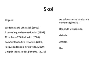 Skol
Slogans:                                    As palavras mais usadas na
                                            comunicação são :
Sai dessa abre uma Skol. (1990)
                                            Redondo x Quadrado
A cerveja que desce redondo. (1997)
                                            Gelada
Tá na Roda? Tá Redondo. (2005)
Com Skol tudo fica redondo. (2006)          Amigos
Porque redondo é rir da vida. (2009)
                                            Bar
Um por todos. Todos por uma. (2010)
 