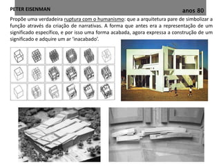 anos 80PETER EISENMAN
Propõe uma verdadeira ruptura com o humanismo: que a arquitetura pare de simbolizar a
função através da criação de narrativas. A forma que antes era a representação de um
significado específico, e por isso uma forma acabada, agora expressa a construção de um
significado e adquire um ar ‘inacabado’.
 