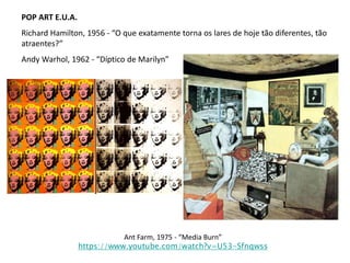 POP ART E.U.A.
Richard Hamilton, 1956 - “O que exatamente torna os lares de hoje tão diferentes, tão
atraentes?”
Andy Warhol, 1962 - “Díptico de Marilyn”
Ant Farm, 1975 - “Media Burn”
https://www.youtube.com/watch?v=U53-Sfnqwss
 