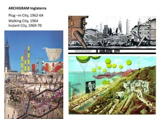 ARCHIGRAM Inglaterra
Plug –in City, 1962-64
Walking City, 1964
Instant City, 1969-70
 