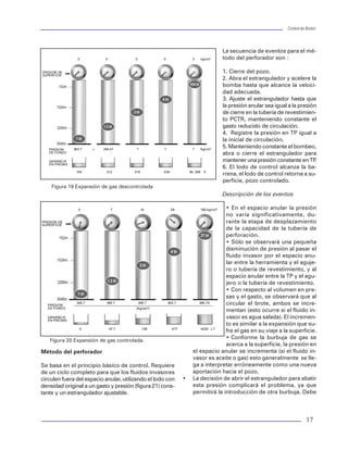 Control de BrotesControl de Brotes
16
fondo, de tal forma que si ésta se encuentra a 2286
m. se tendría la presión de burbuja de 365.7 kg/cm2
más la presión hidrostática de la columna de lodo
correspondiente a la longitud a que se desplazó la
burbuja (3048 – 2286m), y que es de 91.4 kg/cm2
,
dando como resultado 457.2 kg/cm2
de presión de
fondo, de esta forma se calcula hasta que la burbu-
ja alcanza la superficie con una presión en el fondo
de 731.5 kg/cm2
.
En la figura 18 se ilustra este resultado:
b) Con expansión descontrolada. Para obtener los
cálculos utilizaremos la ley de Boyle o de pro-
porción inversa.
P1
* V1
= P2
* V2
Donde P1
será la presión de formación y V1
el volu-
men original del gas.
P2
y V2
es la presión y el volumen de una burbuja
a una profundidad dada.
Aplicando esta expresión para las siguientes pro-
fundidades: 2286, 1524, 762 m y en superficie te-
nemos:
P1
= 365.7 kg /cm
2
y V1
= 159 lt.
P2
= 2286* 1.20 /10 = 274.3 kg/cm
2
.
V2
= P1
*V1
/P2
= 365.7 * 159 / 274.3 = 212 lt ó 1.3 bl
De esta manera obtenemos los resultados para cada
una de las profundidades, teniendo en cuenta que
en superficie se considera la presión atmosférica de
1.033 kg/cm
2
.
Los resultados de los cálculos se mues-
tran en la (figura 19).
c) Con expansión controlada. Cuando
se tiene un brote y se controla la ex-
pansión del gas, debe procurarse que
se mantenga la presión de fondo igual
o ligeramente mayor a la presión de for-
mación. Para esto se opera el estran-
gulador, para mantener una “contrapre-
sión” además de la presión hidrostática
del fluido, para igualar a la presión de
formación y permitir la expansión del
gas. En la (figura 20) se muestran los
resultados.
VIII. MÉTODOS DE CONTROL DE UN
BROTE
En el control de pozos el estudio de los
principios básicos proporciona los fun-
damentos, tanto para la solución de
problemas sencillos como complejos.
Para fines prácticos, téngase en mente el tubo “U” y
estudie las presiones del espacio anular en la tube-
ría de perforación y la presión de fondo constante,
lo que sucede en un lado del tubo “U, no tendrá
efecto sobre el otro lado y cada uno puede estu-
diarse por separado.
Suposiciones tales como, ausencia de lastrabarrenas,
pérdidas despreciables de presión por fricción en el
espacio anular, ninguna zona derrumbada, ni cambios
de área y ausencia de líneas de estrangulación, pue-
den estudiarse en forma independiente, porque el sis-
tema seguirá equilibrado en todo tiempo. Cuando se
omite lo anterior,puedellegarseaespeculacionesequi-
vocadas sobre sus efectos y aún sobre la efectividad
del método de control elegido.
Figura 18 Migración de gas sin expansión.
365.7 457.2 548.6 639.9 731.5 Kg/cm2
PRESION DE
SUPERFICIE
0 91.4 182.8 274.32 365.7 kg/cm2
0 m3 0 m3 0 m3 0 m3 0 m3
PRESION
DE FONDO
GANANCIA
EN PRESAS
21
• Desplace el lodo contaminado por el lodo de
control.
Para este ejemplo seleccionaremos el método del
ingeniero.
6. Calcule las caídas de presión del sistema mediante
la tabla 1 o de acuerdo a la siguiente fórmula.
DPsist = f * Pb
Donde:
f = 0.27547 cuando se toma 1/2Qo
f = 0.129584 cuando se toma 1/3Qo
f = 0.4704 cuando se toma 2/3Qo
DPsist = 0.129584 * 21 = 2.72 kg/cm2
O bién:
DPsist = 10%(21) = 2.1 kg/cm2
Obsérvese que los resultados son muy similares en-
tre ambos cálculos.
7. Calcule la presión inicial de circulación.
Pic = DPsist + PCTP
Pic = 2.7 + 37 = 40 kg/cm2
8. Diámetro de estrangulador
fe = 3.18 * (rc * Qr
2
/ Dpest)1/4
fe = 3.18 * (1.41 * 200
2
/42)
1/4
fe = 19 = (19/64)
La caída de presión se estima considerando una pre-
sión ligeramente mayor a la de circulación.
9. Calcule el volumen para llenar el pozo con lodo
de control.
Capacidad = 0.5067 * fint2
Ctp = 0.5067 * 4.2762
= 9.26 lt/m
Ctr = 0.5067 * (12.4372
- 5
2
) = 65.7 lt / m
Cag = 0.5067 * (12.25
2
- 5
2
) = 63.37 lt / m
Cdc = 0.5067 * 2.52
= 3.17 lt / m
Ceadc= 0.5067 x (12.5
2
- 8
2
) = 46.74 lt / m
V = 9.26 * 2858 + 65.7 x1524 + 63.37 x 1334 +
3.17 x 192 +46.74 x 192 =
V = 223,758 lt
10. Calcule el número de emboladas para llenar
la TP hasta la barrena y el tiempo requerido
para ello.
Ne = V / Vemb
Ne = 223,758 / 10.8 = 20,718 emb.
tiempo = Ne / epm
tiempo = 20,718 / 70 = 295 min
11. Calcule la presión final de bombeo
Pfb = Pb x r /r
Pfb = 21* 1.41 / 1.20 = 24.7 kg/cm2
12. Cálculo de la cédula de bombeo
Con el volumen de la tubería de perforación, se pro-
cede a determinar el número de emboladas para des-
plazar el lodo de control hasta la barrena, para este
ejemplo tenemos un resultado de 2500 emboladas (ta-
bla 3). Este número debe dividirse entre un número
que defina el número de intervalos deseados.
No. emb = 2500 / 10 = 250
DP = (Pic – Pfb ) / 10
DP = (40 – 24.7 ) / 10 = 1.53
Tabla 3 Cédula de bombeo.
N o. A cu m . E m b . P b K g/cm 2
0 4 0
25 0 3 8 .5
50 0 3 6 .9
75 0 3 5 .4
1 0 0 0 3 3 .9
1 2 5 0 3 2 .4
1 5 0 0 3 0 .8 2
1 7 5 0 2 9 .2 9
2 0 0 0 2 7 .7 6
2 2 5 0 2 6 .2 3
2 5 0 0 2 4 .7
c
(1) Traducción parcial de “Wild Well Control, snubbing guidelines”, By I. William Abel, P.E.
 