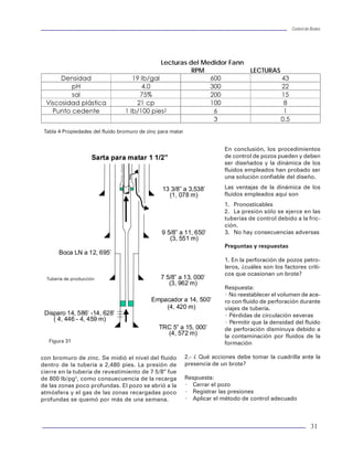 Control de BrotesControl de Brotes
7
·Geometría del pozo
·Estabilizadores en la sarta
III. INDICADORES QUE ANTICIPAN UN BROTE
Al momento de ocurrir un brote, el lodo en primera
instancia es desplazado fuera del pozo. Si el brote
no es detectado ni corregido a tiempo, el problema
se puede complicar hasta llegar a producir un re-
ventón. Con una detección oportuna las estadísti-
cas demuestran que se tiene hasta un 98% de pro-
babilidad de controlarlo. Los indicadores de que el
lodo fluye fuera del pozo durante la perforación son:
·Al perforar
·Al sacar o meter tubería de perforación
·AL sacar o meter herramienta
·Sin tubería dentro del pozo
Indicadores al estar perforando:
a) Aumento en la velocidad de penetración: La ve-
locidad de penetración está en función de va-
rios factores como lo son peso sobre barrena,
velocidad de rotación, densidad de lodo e hi-
dráulica. Pero también se determina por la pre-
sión diferencial entre la presión hidrostática del
lodo y la presión de la formación. Es decir, que
si la presión de formación es mayor, aumentará
considerablemente la velocidad de penetración
de la barrena. Cuando esto ocurra y no se tenga
ningún cambio en los otros parámetros, se debe
tener precaución si se están perforando zonas
de presión anormal o el yacimiento en un pozo
exploratorio.
b) Disminución de la presión de bombeo y aumen-
to de emboladas. Cuando se está perforando y
ocurre un brote, los fluidos debido al brote se
ubican únicamente en el espacio anular y éstos
tienen una densidad menor a la del lodo, por lo
que la presión hidrostática dentro de la tubería
será mayor, propiciando que el lodo dentro de
la sarta de perforación fluya más rápido hacia el
espacio anular, con la consecuente disminución
de presión de bombeo y el aceleramiento de la
bomba de lodo que manifiesta un aumento del
número de emboladas por minuto. Sin embar-
go es importante tener en cuenta que una dis-
minución en la presión de bombeo también se
puede deber a las siguientes causas:
· Reducción del gasto de circulación
· Rotura o fisura en la TP
· Desprendimiento de una tobera de la barrena
· Cambio en las propiedades del lodo
c) Lodo contaminado por gas, cloruros, cambios
en propiedades geológicas: La presencia de
lodo contaminado con gas puede deberse al
fluido contenido en los recortes o al flujo de
fluido de la formación al pozo que circula a la
superficie. Conforme el gas se expande al
acercarse a la superficie se provoca una dis-
minución en la presión hidrostática que pue-
de causar un brote.
La detección de un aumento de cloruros y el
porcentaje de agua son indicadores de que los
fluidos de formación entran al pozo. Debe tener-
se especial cuidado ya que esto también indica
la perforación de una sección salina.
Las propiedades geológicas también son
indicadores de la presencia de fluidos extraños
en el lodo de perforación. Esto se manifiesta en
cambios en la viscosidad, relación agua-aceite y
la precipitación de sólidos.
Cuando se tienen sospechas de un brote, la respues-
ta oportuna ante los indicadores mencionados du-
rante la perforación, crearán las condiciones nece-
sarias para controlar el brote. Las acciones que de-
berán seguirse son:
· Si las bombas de lodo están paradas y el pozo
se encuentra fluyendo, es indicativo (general-
mente) de que un brote está en camino; a esta
acción se le conoce como “OBSERVAR EL
POZO”. Al efectuar esto, se recomienda revisar
el nivel de presas y las presiones en los
manómetros en TP y TR y como práctica subir
la sarta de perforación de manera que la flecha
se encuentre arriba de la mesa rotatoria.
· Por otro lado si el gasto de salida se incrementa
mientras se está circulando con un gasto cons-
tante, también es un indicador de un brote.
Indicadores al sacar o meter tubería
Los siguientes se consideran de este tipo:
· Aumento de volumen en presas
30
El concepto de matar mediante la dinámica del flui-
do utiliza el momentum del fluido de matar para so-
brepasar el momentum de los fuidos del pozo y re-
vertir el flujo. El momentum de los fuidos del pozo
se da en la ecuación siguiente:
Donde:
Mg = Momentum
dsc = Densidad del gas en condiciones estándar
Qsc = Gasto del gas en condiciones estándar
Zi = Factor de compresibidad en el punto de interés
Ti = Temperatura en el punto de interés
Gc= Constante gravitacional
R = Constante de gas
S = Gravedad específica del gas
Ma = Peso molecular del aire
Pi = Presión en el punto de interés
Ai = Área en el punto de interés
Ui = Velocidad en el punto de interés
Las unidades están en cualquier sistema básico. Como
se muestra en la ecuación anterior, el momentum del
gas es una función de la velocidad de éste. El
momentum del fluido de matar se da en la ecuación
siguiente. Nuevamente las unidades deben ser sólo
consistentes y básicas. Obviamente, el momentum del
fluido de matar es una función tanto de la densidad
como de la velocidad. Como se podrá ver, la densidad
del fuido de matar es un factor importante para man-
tener muerto el pozo, una vez que el momentum del
fluido de matar ha sobrepasado el flujo del reventón.
Donde:
d = Densidad del fluido
Q = Gasto
Gc = Constante gravitacional
A = Área en el punto de interés
Numerosos fluidos para matar están disponibles y
se han usado. Algunos de estos incluyen: lodos es-
pecialmente diseñados que pesan hasta 35 lb/gal y
agua con bromuro de zinc. El agua con bromuro de
zinc se seleccionó como fluido para matar este pozo.
Las propiedades del agua con bromuro de zinc se
dan en la tabla 4.
La mecánica necesaria para lograr la muerte por
momentum, incluyó un pescante con junta de cir-
culación y tubería de 2 7/8” que aseguró el pescado
del mismo diámetro a 164 pies (figura 31). El pes-
cante con junta de circulación permitió al pozo con-
tinuar fluyendo hacía la superficie. Una tubería para
matar de 1 ½” fue forzada a 1200 pies para poder
estar mas abajo de cualquier área problema.
El criterio inicial de diseño es el de tener suficien-
te tubería de matar dentro del tubing, para ir más
abajo de cualquier punto problema, pero no de-
masiado profundo, de modo que la fricción pue-
da restringir el gasto y el momentum del fluido
de matar.
Con el extremo de la tubería de matar a 1,200 pies,
el momentum de los fluidos del pozo se calculó en
51 lb.
Para propósitos de experimientación, se tomó la
decisión de proceder con el fluido de bromuro de
zinc de 19 lb/gal, agua salada de 9 lb/gal y un gas-
to de 12 barriles por minuto a una presión de
12,000 lb/pg2
. Se calculó que el momentum de
este fluido era de 82.5 lb. Como se pronosticó,
algo del fluido penetró en el agujero; sin embar-
go, la flama se mantenía. La capacidad de la tube-
ría de producción era de 90 barriles.
Después de bombear 98 barriles de agua salada de
9 lb/gal, se bombeó lodo de emulsión inversa de 18
lb/gal con un momentum de 0.9 lb. Como se pro-
nosticó, se observó una corriente de agua salada
de 9.0 lb/gal en la línea de flujo, seguido por el lodo
de emulsión inversa y gas limpio.
Es interesante hacer notar que aunque el
momentum de la salmuera de 9.0 lb/gal hacia que
dicha salmuera penetrara al pozo, la densidad no
era suficiente para mantener el control, se bom-
beó el fluido con bromuro de zinc de 19 lb/gal den-
tro del pozo a 8 barriles por minuto de 13,000 lb/
pg2
. El momentum del fluido con bromuro de zinc
fue calculado en 77.0 lb. La flama se debilitó in-
mediatamente y el pozo quedó controlado des-
pués de haberse bombeado 125 barriles de fluido
dQ
2
Mg =
GcA
dsc Qsc Ui
Mg =
Gc
dsc Qsc Zi Ti R
Ui =
S Ma Pi Ai
 