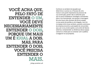 Conhecer as variáveis da equação que
determina o sucesso ou o fracasso de uma
marca é uma parte importante do processo de
sua construção, porém não é suficiente para
que se possa estabelecer estratégias consistentes
para a sua manutenção. Isso porque a mensagem
de uma marca não acontece de forma isolada,
no seu ponto de partida ou de chegada, mas sim
no espaço entre essas variáveis, quando a promessa
da empresa encontra a percepção do consumidor,
que, por si só, já está sujeita a uma série de fatores
externos. Compreender as dinâmicas desse espaço
comum é a chave para se conectar com o público
e engajá-lo na sua proposta.
VOCÊ ACHA QUE,
PELO FATO DE
ENTENDER O UM,
VOCÊ DEVE
NECESSARIAMENTE
ENTENDER O DOIS,
PORQUE UM MAIS
UM É IGUAL A DOIS.
MAS, PARA
ENTENDER O DOIS,
VOCÊ PRECISA
ENTENDER O
MAIS.
_Antigo provérbio sufi
 