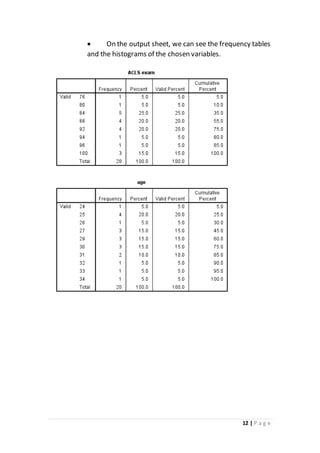 12 | P a g e
 On the output sheet, we can see the frequency tables
and the histograms of the chosen variables.
 