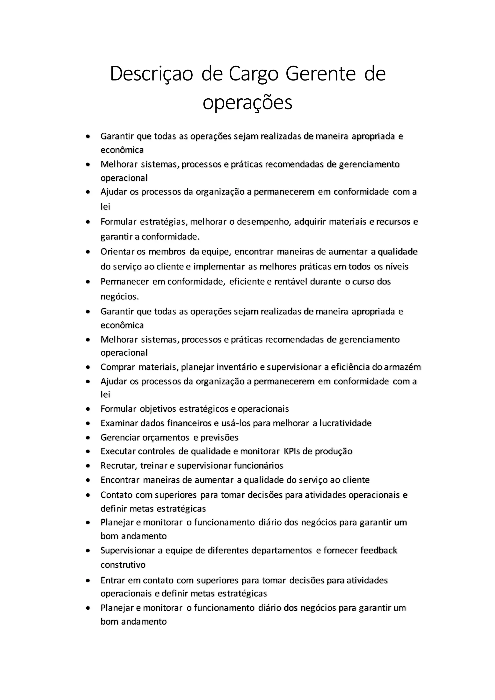 Descriçao de cargo gerente de operações | DOCX