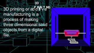 3D
3D printing or ad
P
d
R
it
I
i
N
v
T
e
I
N
G
manufacturing is a
process of making
three dimensional solid
objects from a digital
file.
 