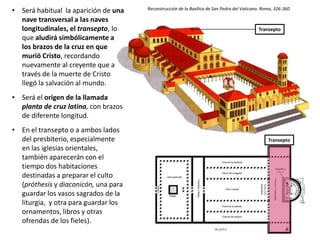 • Será habitual la aparición de una
nave transversal a las naves
longitudinales, el transepto, lo
que aludirá simbólicamente a
los brazos de la cruz en que
murió Cristo, recordando
nuevamente al creyente que a
través de la muerte de Cristo
llegó la salvación al mundo.
• Será el origen de la llamada
planta de cruz latina, con brazos
de diferente longitud.
• En el transepto o a ambos lados
del presbiterio, especialmente
en las iglesias orientales,
también aparecerán con el
tiempo dos habitaciones
destinadas a preparar el culto
(próthesis y diaconicón, una para
guardar los vasos sagrados de la
liturgia, y otra para guardar los
ornamentos, libros y otras
ofrendas de los fieles).
Reconstrucción de la Basílica de San Pedro del Vaticano. Roma, 326-360
Transepto
Transepto
 