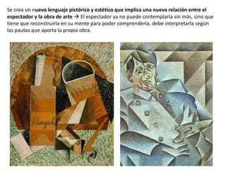 Se crea un nuevo lenguaje pictórico y estético que implica una nueva relación entre el
espectador y la obra de arte  El espectador ya no puede contemplarla sin más, sino que
tiene que reconstruirla en su mente para poder comprenderla, debe interpretarla según
las pautas que aporta la propia obra.
 