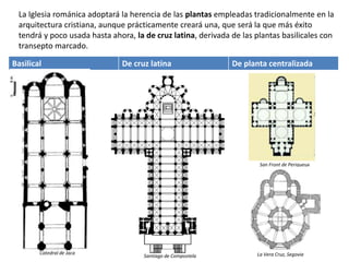 La Iglesia románica adoptará la herencia de las plantas empleadas tradicionalmente en la
arquitectura cristiana, aunque prácticamente creará una, que será la que más éxito
tendrá y poco usada hasta ahora, la de cruz latina, derivada de las plantas basilicales con
transepto marcado.
Basilical De cruz latina De planta centralizada
Catedral de Jaca
Santiago de Compostela
San Front de Perigueux
La Vera Cruz, Segovia
 