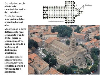 En cualquier caso, la
planta más
característica será la
de cruz latina.
En ella, las naves
principales señalan
el camino hacia el
altar.
Mientras que la nave
del transepto (que
recuerda la cruz de
Cristo) marca la
separación entre el
espacio destinado a
los fieles y el
destinado al
presbiterio.
La cabecera suele
adoptar la forma
semicircular y está
rematada por uno o
varios ábsides y
absidiolos.
Saint Sernin de Toulouse
Absidiolos
 