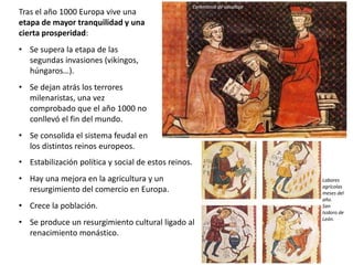 Tras el año 1000 Europa vive una
etapa de mayor tranquilidad y una
cierta prosperidad:
• Se supera la etapa de las
segundas invasiones (vikingos,
húngaros…).
• Se dejan atrás los terrores
milenaristas, una vez
comprobado que el año 1000 no
conllevó el fin del mundo.
• Se consolida el sistema feudal en
los distintos reinos europeos.
• Estabilización política y social de estos reinos.
• Hay una mejora en la agricultura y un
resurgimiento del comercio en Europa.
• Crece la población.
• Se produce un resurgimiento cultural ligado al
renacimiento monástico.
Ceremonia de vasallaje
Labores
agrícolas
meses del
año.
San
Isidoro de
León.
 