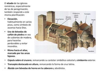 El alzado de las iglesias
románicas, especialmente
de las de peregrinación,
también responde a este
misma planificación:
• Elevación,
habitualmente en varios
pisos, como símbolo de
ascenso hacia Dios.
• Uso de bóvedas de
cañón de piedra en vez
de cubiertas de madera,
para hacerlas
perdurables y evitar
incendios.
• Ritmo hacia el altar,
marcado por los arcos
fajones.
Bóvedas
de cañónArcos fajones
Cimborrio y
cúpula
debajo
Transepto
Ábside
Absidiolo
• Cúpula sobre el crucero, remarcando su carácter simbólico celestial y cimborrio exterior.
• Transepto destacado en altura, remarcando la forma de cruz latina.
• Ábside con bóvedas de horno en la cabecera y absidiolos.
 