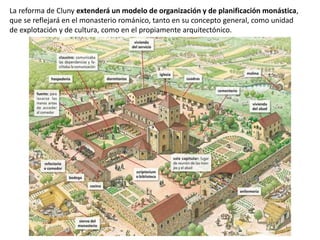 La reforma de Cluny extenderá un modelo de organización y de planificación monástica,
que se reflejará en el monasterio románico, tanto en su concepto general, como unidad
de explotación y de cultura, como en el propiamente arquitectónico.
 