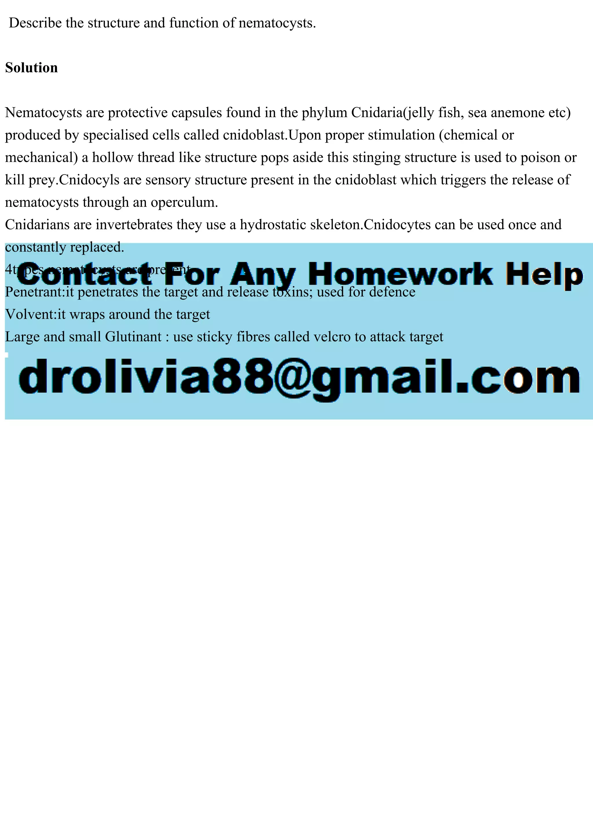 Describe the structure and function of nematocysts.
Solution
Nematocysts are protective capsules found in the phylum Cnidaria(jelly fish, sea anemone etc)
produced by specialised cells called cnidoblast.Upon proper stimulation (chemical or
mechanical) a hollow thread like structure pops aside this stinging structure is used to poison or
kill prey.Cnidocyls are sensory structure present in the cnidoblast which triggers the release of
nematocysts through an operculum.
Cnidarians are invertebrates they use a hydrostatic skeleton.Cnidocytes can be used once and
constantly replaced.
4types nematocysts are present
Penetrant:it penetrates the target and release toxins; used for defence
Volvent:it wraps around the target
Large and small Glutinant : use sticky fibres called velcro to attack target