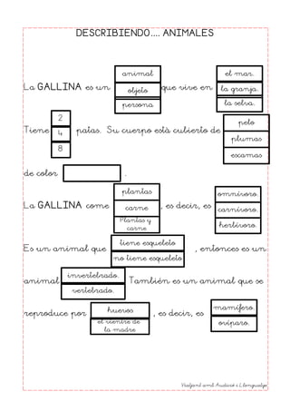 DESCRIBIENDO.... ANIMALES
La GALLINA es un que vive en
Tiene patas. Su cuerpo està cubierto de
de color .
La GALLINA come ...