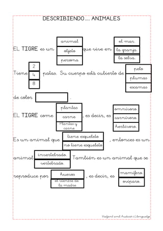 DESCRIBIENDO.... ANIMALES
EL TIGRE es un que vive en
Tiene patas. Su cuerpo està cubierto de
de color .
EL TIGRE come , es...