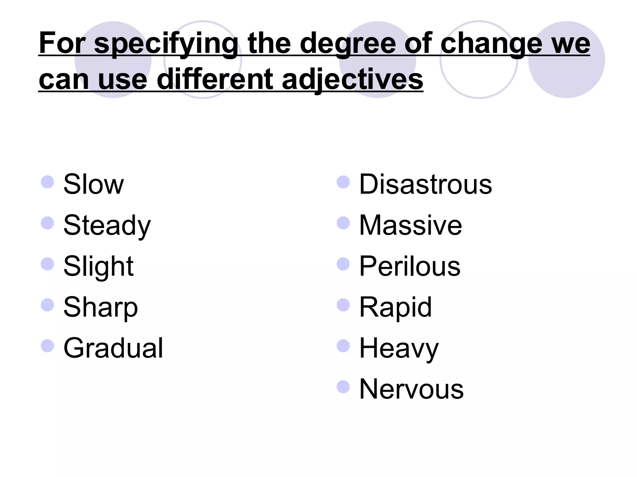 For specifying the degree of change we can use different adjectives   Slow Steady Slight Sharp Gradual Disastrous Massive Perilous Rapid Heavy Nervous 