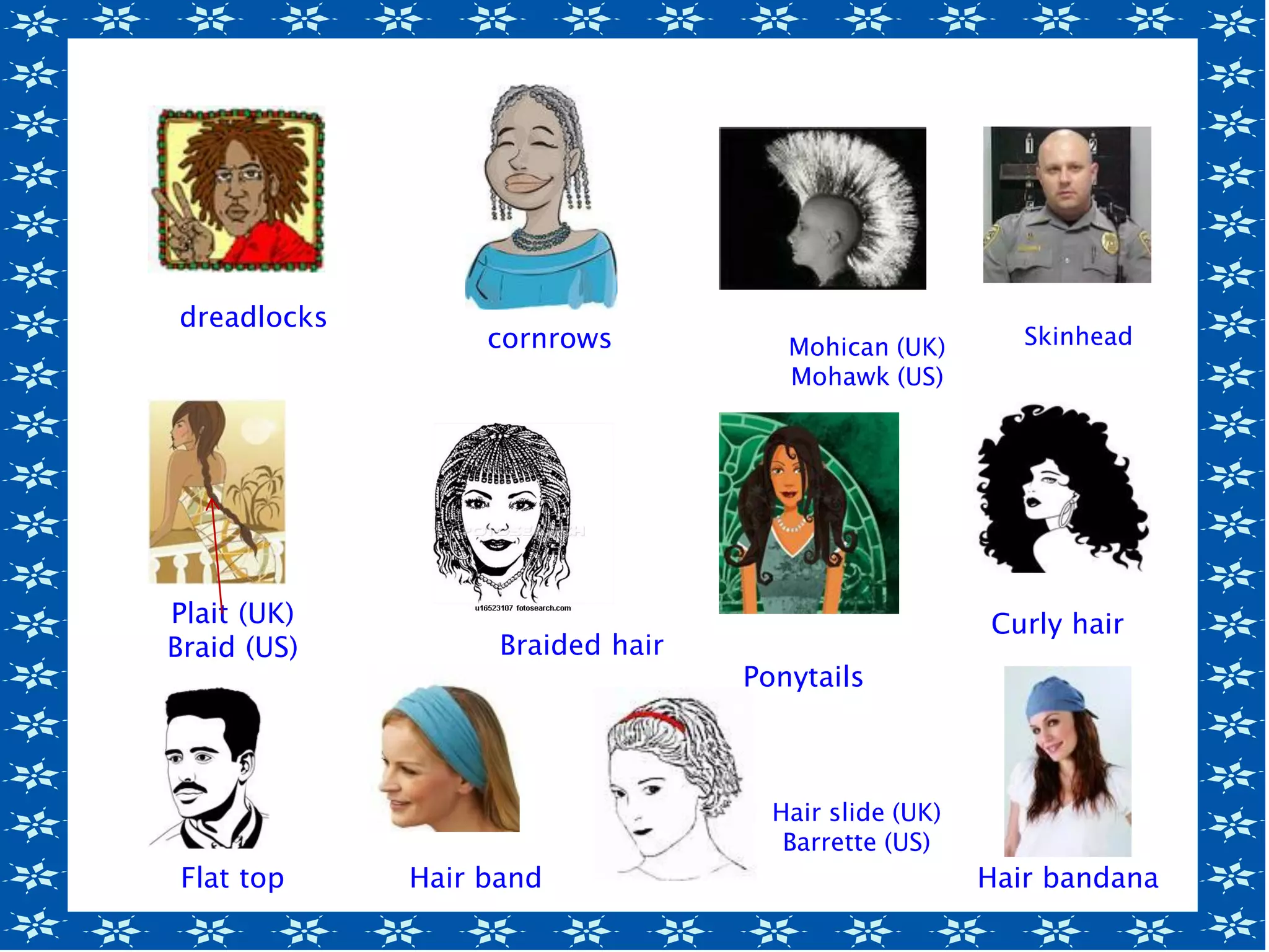 dreadlocks
cornrows Mohican (UK)
Mohawk (US)
Skinhead
Plait (UK)
Braid (US) Braided hair
Ponytails
Curly hair
Flat top
Hair slide (UK)
Barrette (US)
Hair band Hair bandana
 