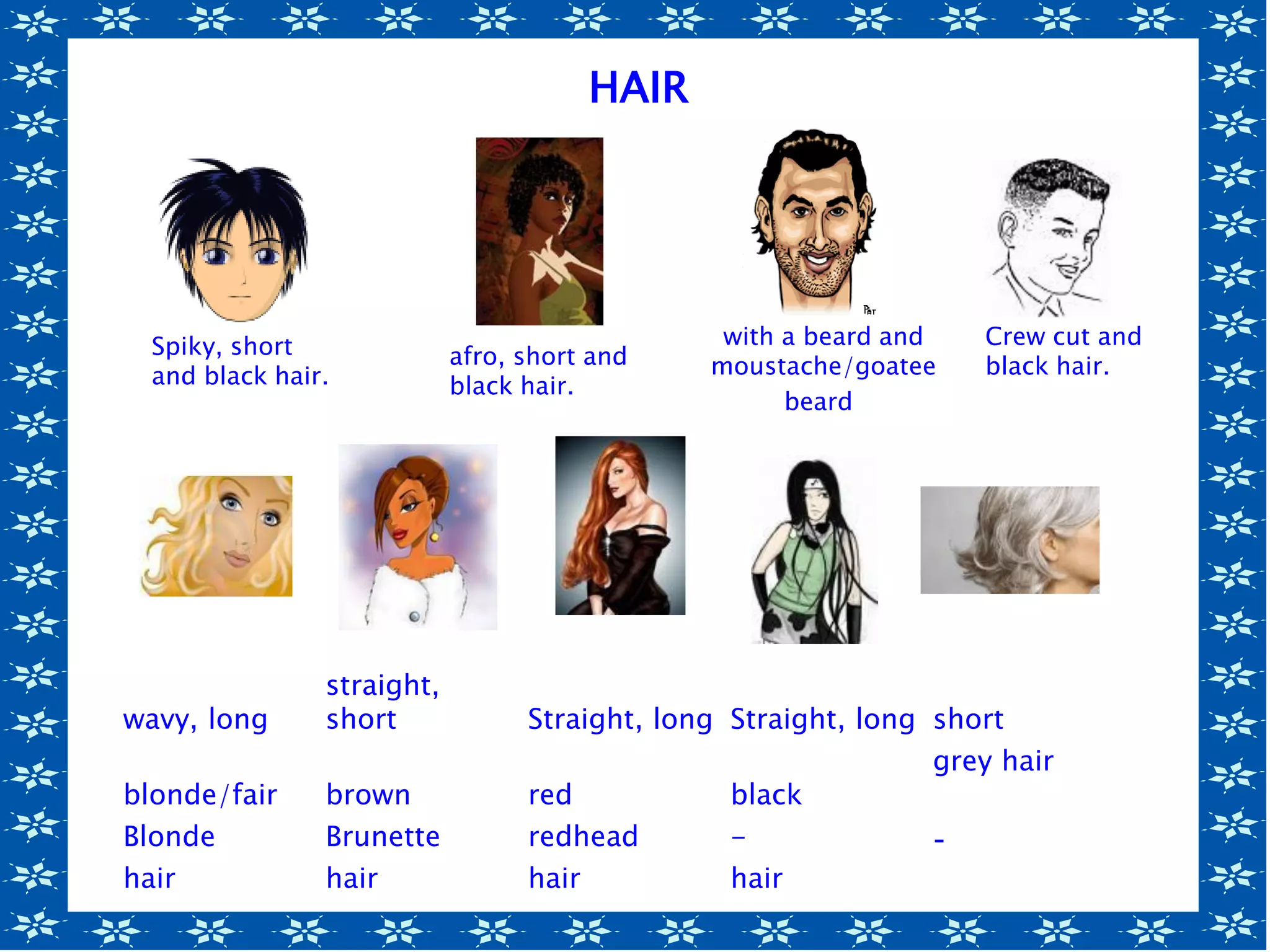 wavy, long
straight,
short Straight, long Straight, long short
blonde/fair brown red black
grey hair
Blonde Brunette redhead - -
hair hair hair hair
Spiky, short
and black hair.
afro, short and
black hair.
with a beard and
moustache/goatee
beard.
Crew cut and
black hair.
HAIR
 