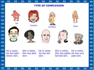 He is asian.
He has light-
brown skin.
She is black.
She has dark
skin.
He is white.
He has fair
skin.
She is white.
She has lightly
tanned skin.
He is white.
He has very
pale skin.
tan
freckles
wrinkles hairy
TYPE OF COMPLEXION
 
