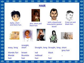 wavy, long
straight,
short Straight, long Straight, long short
blonde/fair brown red black
grey hair
Blonde Brunette redhead - -
hair hair hair hair
Spiky, short
and black hair.
afro, short and
black hair.
with a beard and
moustache/goatee
beard.
Crew cut and
black hair.
HAIR
 