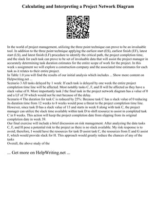 Calculating and Interpreting a Project Network Diagram
In the world of project management, utilizing the three point technique can prove to be an invaluable
tool. In addition to the three point technique applying the earliest start (ES), earliest finish (EF), latest
start (LS), and latest finish (LF) procedure to identify the critical path, the project completion time,
and the slack for each task can prove to be set of invaluable data that will assist the project manager in
accurately determining task duration estimates for the entire scope of work for the project. In this
week s assignment we will explore a construction company and the associated time estimates for each
task as it relates to their entire project.
In Table 1.0 you will find the results of our initial analysis which includes ... Show more content on
Helpwriting.net ...
Scenario 3 All tasks delayed by 1 week: If each task is delayed by one week the entire project
completion time line will be affected. Most notably tasks C, F, and H will be affected as they have a
slack value of 0. More importantly task J the final task in the project network diagram has a value of 0
and a LF of 39 which would not be met because of the delay.
Scenario 4 The duration for task C is reduced by 25%: Because task C has a slack value of 0 reducing
its duration time from 12 weeks to 8 weeks would pose a threat to the project completion time line.
However, since task D has a slack value of 13 and starts in week 8 along with task C, the project
manager can utilize the slack time available within task D to shift resource to assist in completed task
C in 8 weeks. This action will keep the project completion date from slipping from its original
completion date in week 39.
Our final exercise will include a brief discussion on risk management. After analyzing the data tasks
C, F, and H pose a potential risk to the project as there is no slack available. My risk response is to
avoid; therefore, I would have the resources for task D assist task C, the resources from E and G assist
F, which would provide slack for H. This approach would greatly reduce the chances of any of the
tasks
Overall, the above study of the
... Get more on HelpWriting.net ...
 