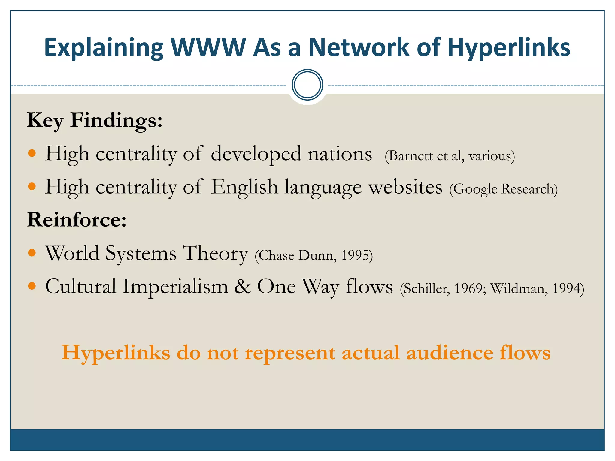 Explaining WWW As a Network of Hyperlinks

Key Findings:
 High centrality of developed nations (Barnett et al, various)
 High centrality of English language websites (Google Research)
Reinforce:
 World Systems Theory (Chase Dunn, 1995)
 Cultural Imperialism & One Way flows (Schiller, 1969; Wildman, 1994)


    Hyperlinks do not represent actual audience flows
 