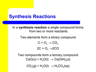 Synthesis Reactions

 In a synthesis reaction a single compound forms
            from two or more reactants.
      Two elements form a binary compound
                 C + O2 → CO2
                 2C + O2 →2CO

    Two compounds form a ternary compound
         CaO(s) + H2O(l) → Ca(OH)2(s)

          CO2(g) + H2O(l) → H2CO3(aq)
 