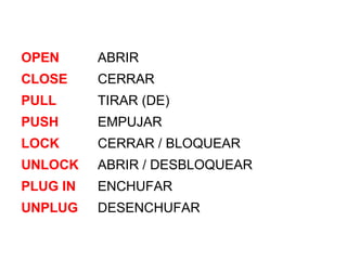OPEN

ABRIR

CLOSE

CERRAR

PULL

TIRAR (DE)

PUSH

EMPUJAR

LOCK

CERRAR / BLOQUEAR

UNLOCK

ABRIR / DESBLOQUEAR

PLUG IN

ENCHUFAR

UNPLUG

DESENCHUFAR

 