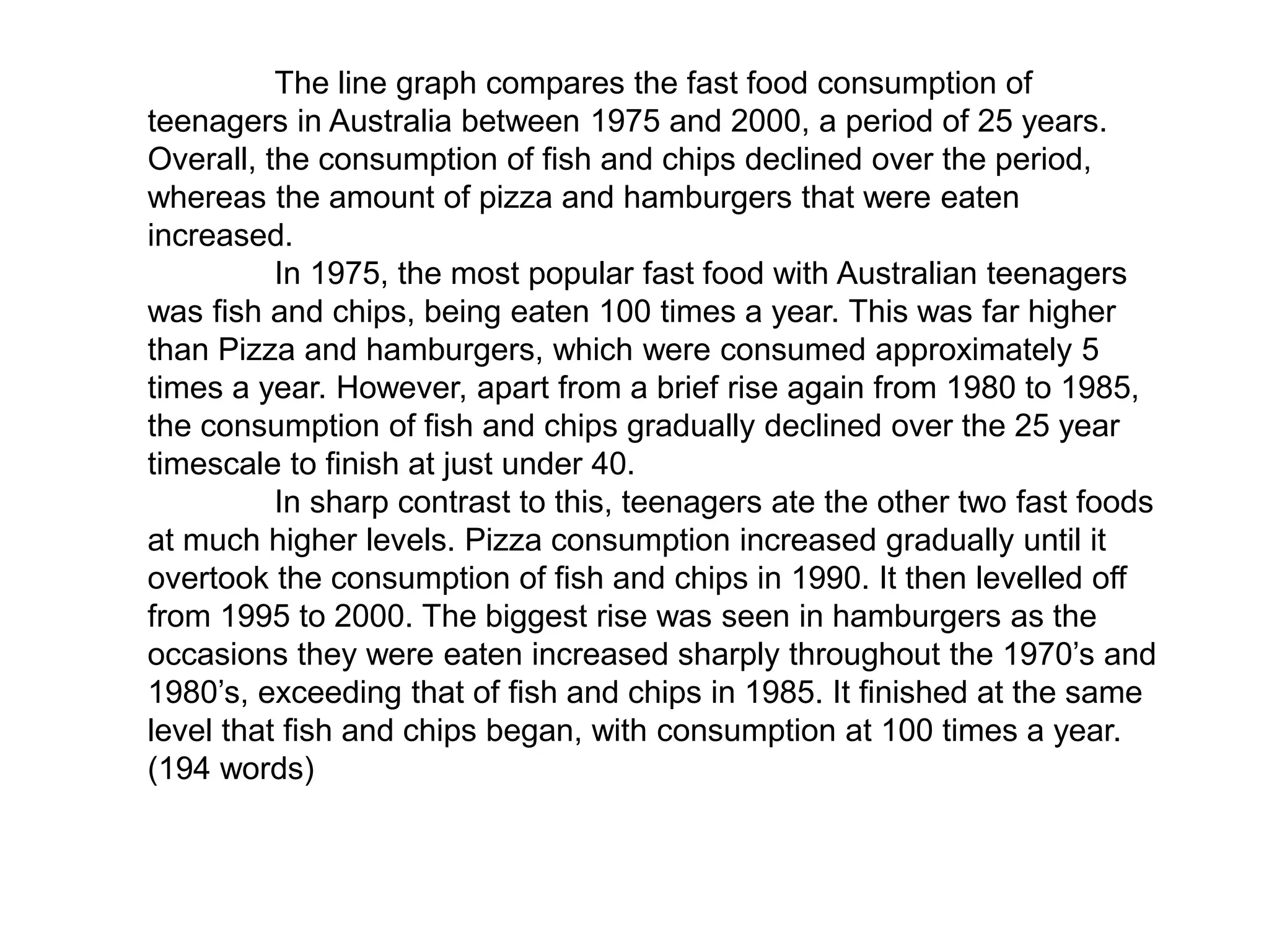 The line graph compares the fast food consumption of
teenagers in Australia between 1975 and 2000, a period of 25 years.
Overall, the consumption of fish and chips declined over the period,
whereas the amount of pizza and hamburgers that were eaten
increased.
In 1975, the most popular fast food with Australian teenagers
was fish and chips, being eaten 100 times a year. This was far higher
than Pizza and hamburgers, which were consumed approximately 5
times a year. However, apart from a brief rise again from 1980 to 1985,
the consumption of fish and chips gradually declined over the 25 year
timescale to finish at just under 40.
In sharp contrast to this, teenagers ate the other two fast foods
at much higher levels. Pizza consumption increased gradually until it
overtook the consumption of fish and chips in 1990. It then levelled off
from 1995 to 2000. The biggest rise was seen in hamburgers as the
occasions they were eaten increased sharply throughout the 1970’s and
1980’s, exceeding that of fish and chips in 1985. It finished at the same
level that fish and chips began, with consumption at 100 times a year.
(194 words)
 