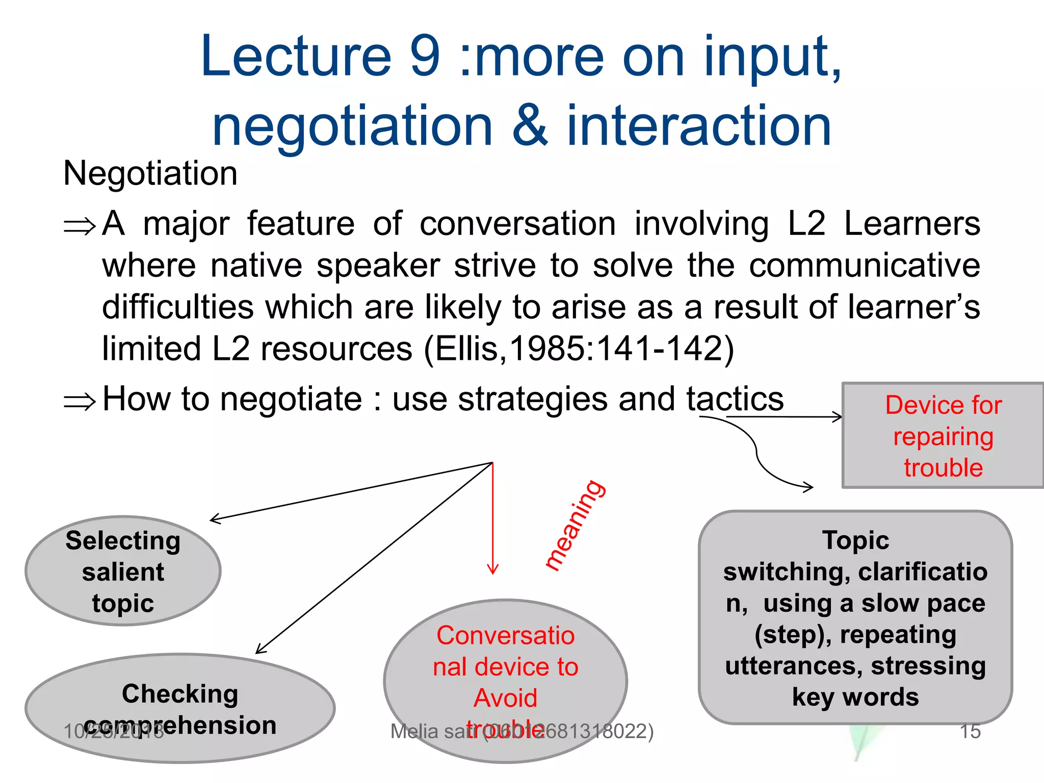Lecture 9 :more on input,
negotiation & interaction
Negotiation
A major feature of conversation involving L2 Learners
where native speaker strive to solve the communicative
difficulties which are likely to arise as a result of learner‟s
limited L2 resources (Ellis,1985:141-142)
How to negotiate : use strategies and tactics
Device for
repairing
trouble
Selecting
salient
topic

Checking
comprehension
10/25/2013

Conversatio
nal device to
Avoid
Melia sari (06012681318022)
trouble

Topic
switching, clarificatio
n, using a slow pace
(step), repeating
utterances, stressing
key words
15

 