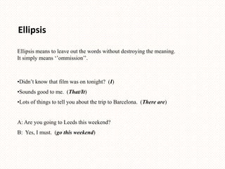 Ellipsis

Ellipsis means to leave out the words without destroying the meaning.
It simply means ‘’ommission’’.



•Didn’t know that film was on tonight? (I)
•Sounds good to me. (That/It)
•Lots of things to tell you about the trip to Barcelona. (There are)


A: Are you going to Leeds this weekend?
B: Yes, I must. (go this weekend)
 