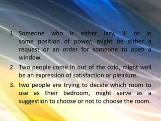 1. Someone who is either lazy, ill or in
some position of power, might be either a
request or an order for someone to open a
window.
2. Two people come in out of the cold, might well
be an expression of satisfaction or pleasure.
3. two people are trying to decide which room to
use as their bedroom, might serve as a
suggestion to choose or not to choose the room.
 