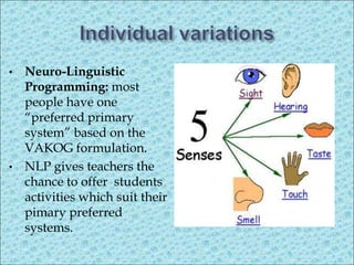 • Neuro-Linguistic
Programming: most
people have one
“preferred primary
system” based on the
VAKOG formulation.
• NLP gives teachers the
chance to offer students
activities which suit their
pimary preferred
systems.
 