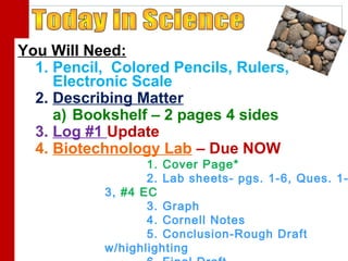 You Will Need:
1. Pencil, Colored Pencils, Rulers,
Electronic Scale
2. Describing Matter
a) Bookshelf – 2 pages 4 sides
3. Log #1 Update
4. Biotechnology Lab – Due NOW
1. Cover Page*
2. Lab sheets- pgs. 1-6, Ques. 1-
3, #4 EC
3. Graph
4. Cornell Notes
5. Conclusion-Rough Draft
w/highlighting
 