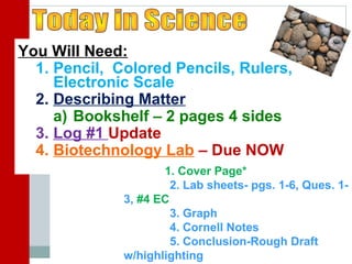You Will Need:
1. Pencil, Colored Pencils, Rulers,
Electronic Scale
2. Describing Matter
a) Bookshelf – 2 pages 4 sides
3. Log #1 Update
4. Biotechnology Lab – Due NOW
1. Cover Page*
2. Lab sheets- pgs. 1-6, Ques. 1-
3, #4 EC
3. Graph
4. Cornell Notes
5. Conclusion-Rough Draft
w/highlighting
 