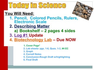 You Will Need:
1. Pencil, Colored Pencils, Rulers,
Electronic Scale
2. Describing Matter
a) Bookshelf – 2 pages 4 sides
3. Log #1 Update
4. Biotechnology Lab – Due NOW
1. Cover Page*
2. Lab sheets- pgs. 1-6, Ques. 1-3, #4 EC
3. Graph
4. Cornell Notes
5. Conclusion-Rough Draft w/highlighting
6. Final Draft
 