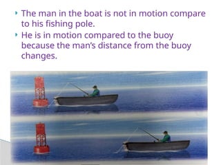  The man in the boat is not in motion compare
to his fishing pole.
 He is in motion compared to the buoy
because the man’s distance from the buoy
changes.
 